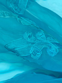 Caribbean Blue/Powder Blue 100% Polyester Embellished Rosette Scrolls Organza 55W