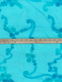 Caribbean Blue/Powder Blue 100% Polyester Embellished Rosette Scrolls Organza 55W