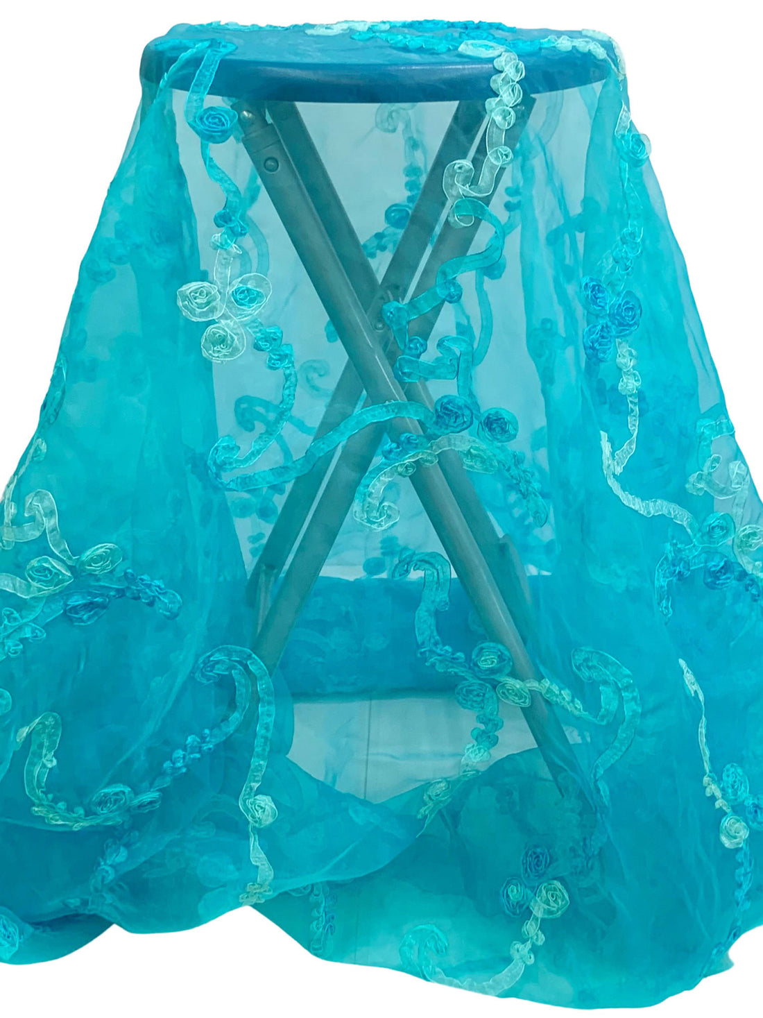 Caribbean Blue/Powder Blue 100% Polyester Embellished Rosette Scrolls Organza 55W