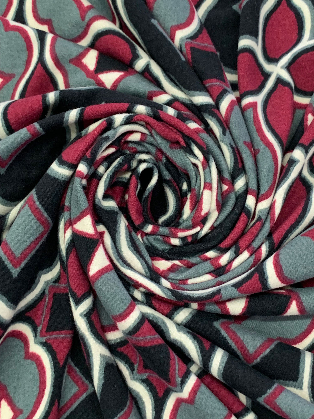 Claret/Black/Steel Teal Polyester/Lycra Medallion Print Double Brushed Knit 60W