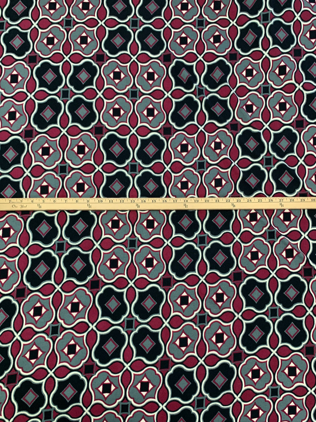 Claret/Black/Steel Teal Polyester/Lycra Medallion Print Double Brushed Knit 60W