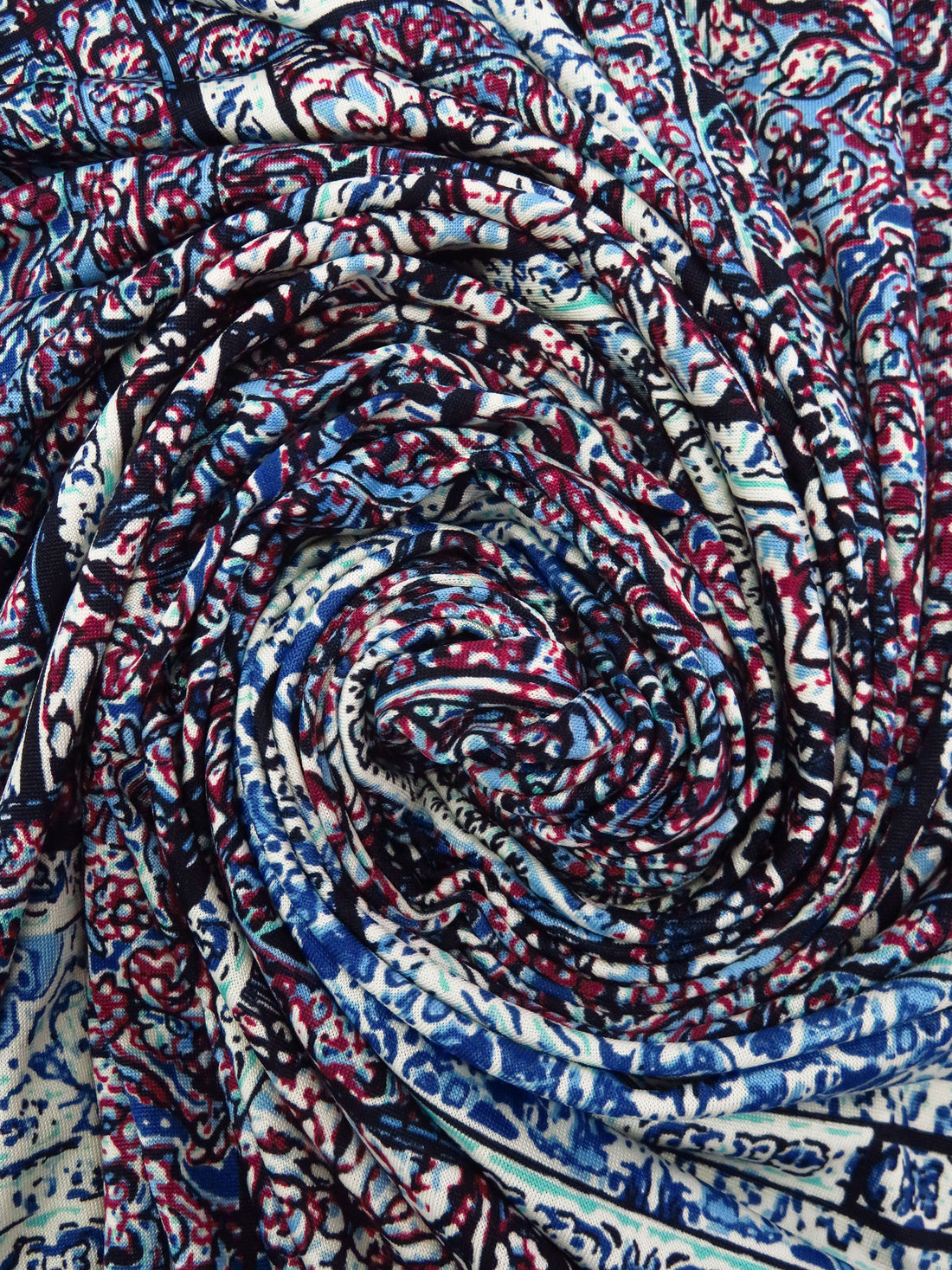 Cerulean Frost/Dark Burgundy/Black/Multi Polyester/Lycra Double Border Mirrored Ornate Tile Work Print DTY Knit 58W