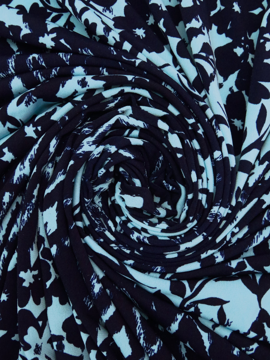 Midnight Blue/Sky Blue Polyester/Lycra Floral & Geometric Stripe Print ITY Knit 57W