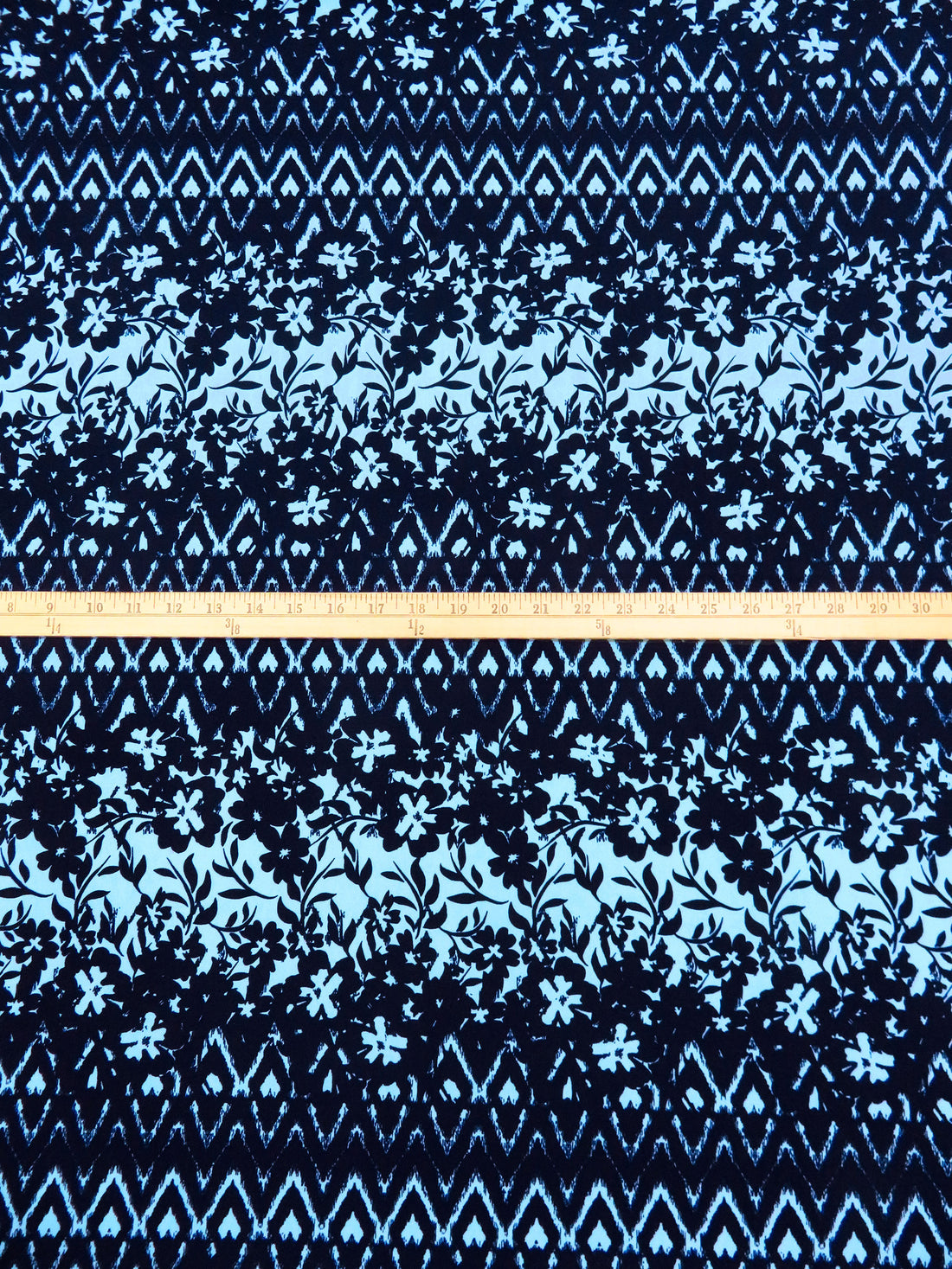 Midnight Blue/Sky Blue Polyester/Lycra Floral & Geometric Stripe Print ITY Knit 57W