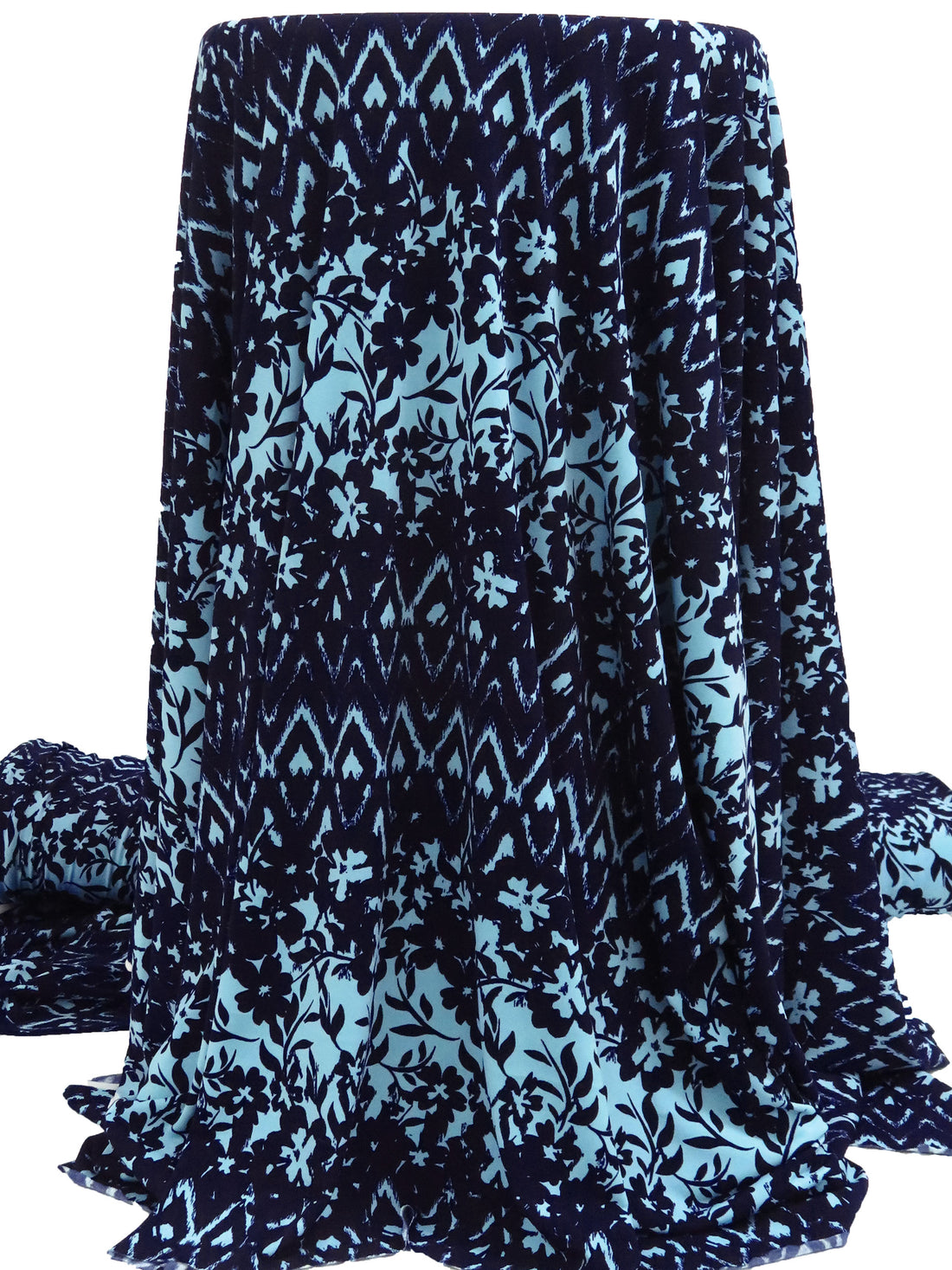 Midnight Blue/Sky Blue Polyester/Lycra Floral & Geometric Stripe Print ITY Knit 57W