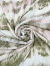 Olive Green/Pale Petal Pink/White/Pale Apricot 100% Rayon Horizontal Tie-Dye Stripe Print Crepe Challis 56W