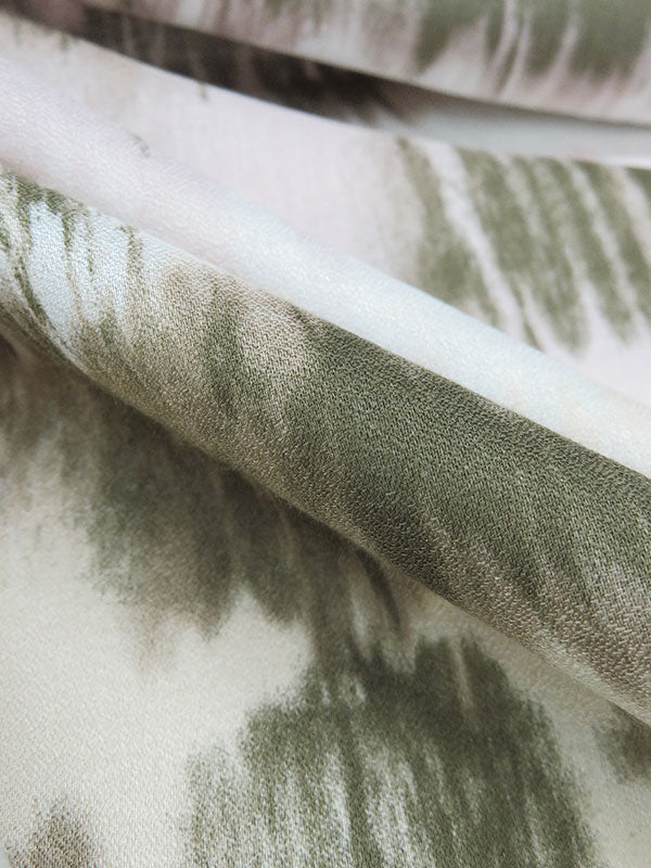 Olive Green/Pale Petal Pink/White/Pale Apricot 100% Rayon Horizontal Tie-Dye Stripe Print Crepe Challis 56W