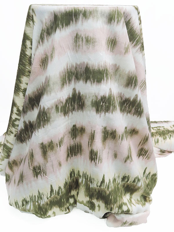 Olive Green/Pale Petal Pink/White/Pale Apricot 100% Rayon Horizontal Tie-Dye Stripe Print Crepe Challis 56W