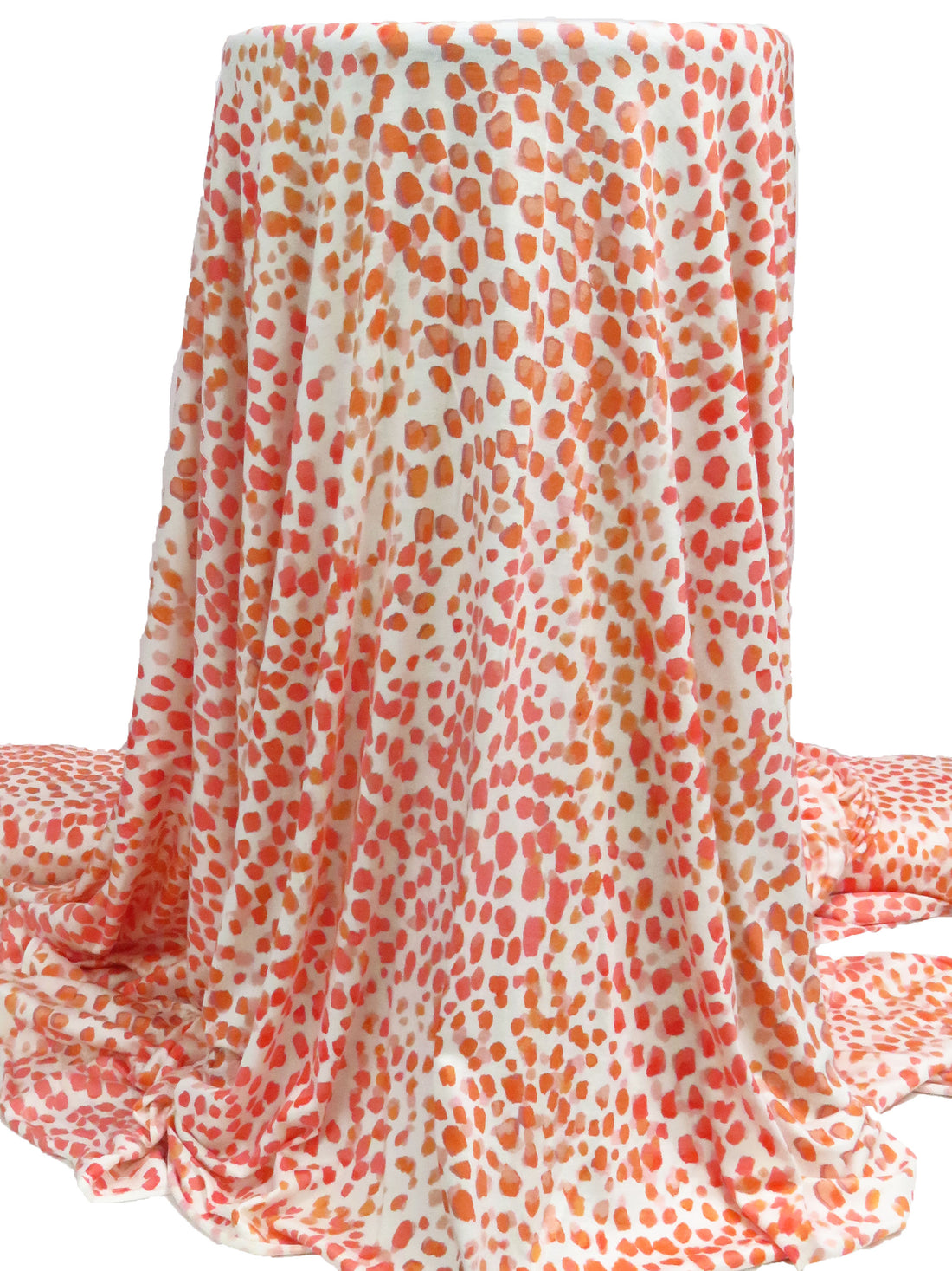 White/Light Carmine Pink/Washed-Out Persimmon/Multi Rayon/Lycra Abstract Watercolor Dot Print Jersey Knit 68W
