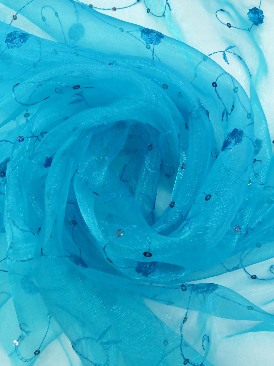Pacific Blue 100% Nylon Embroidered Floral Vines With Sequins On Organza 57W