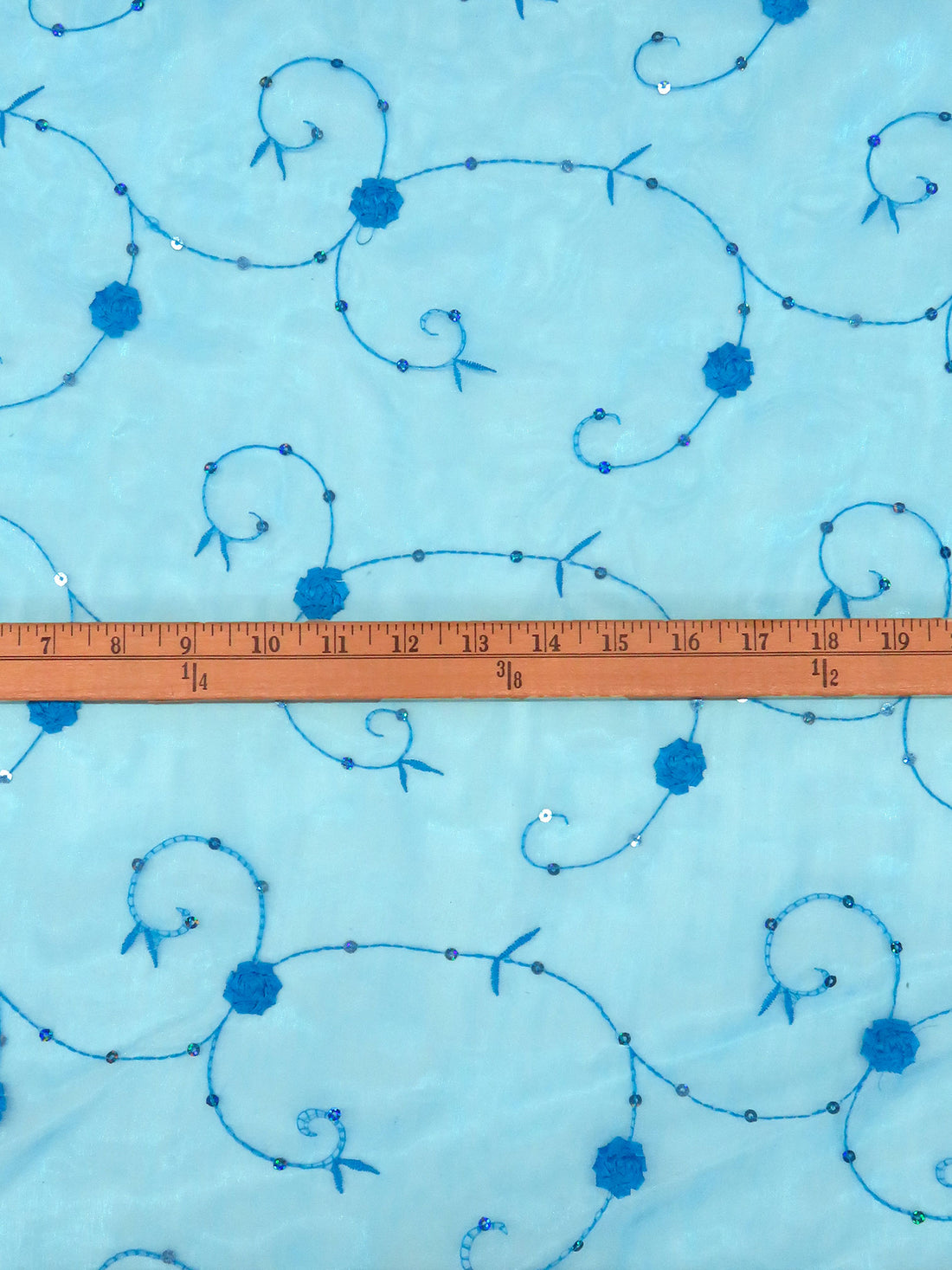 Pacific Blue 100% Nylon Embroidered Floral Vines With Sequins On Organza 57W