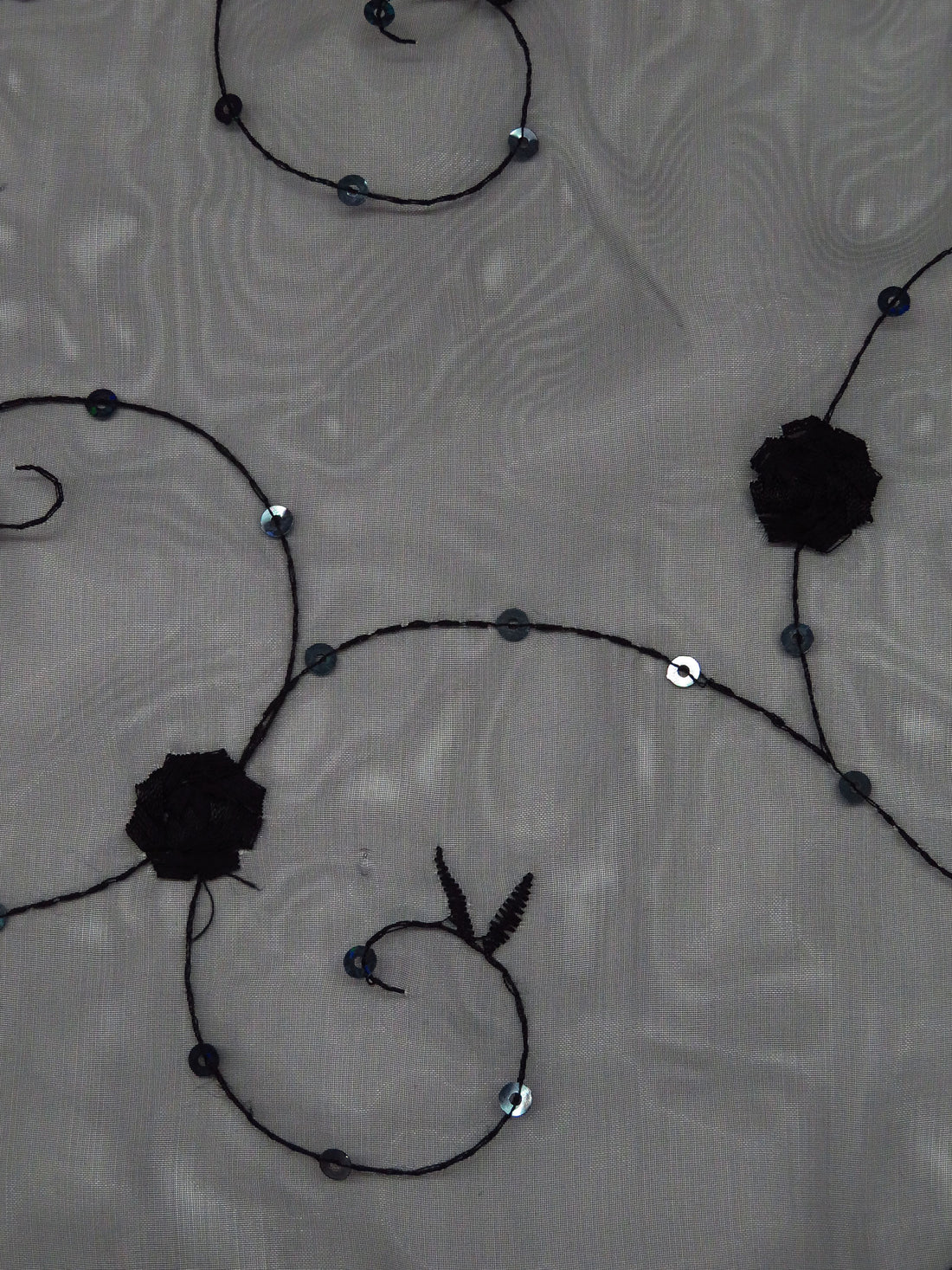 Black 100% Nylon Embroidered Floral Vines With Sequins On Organza 57W