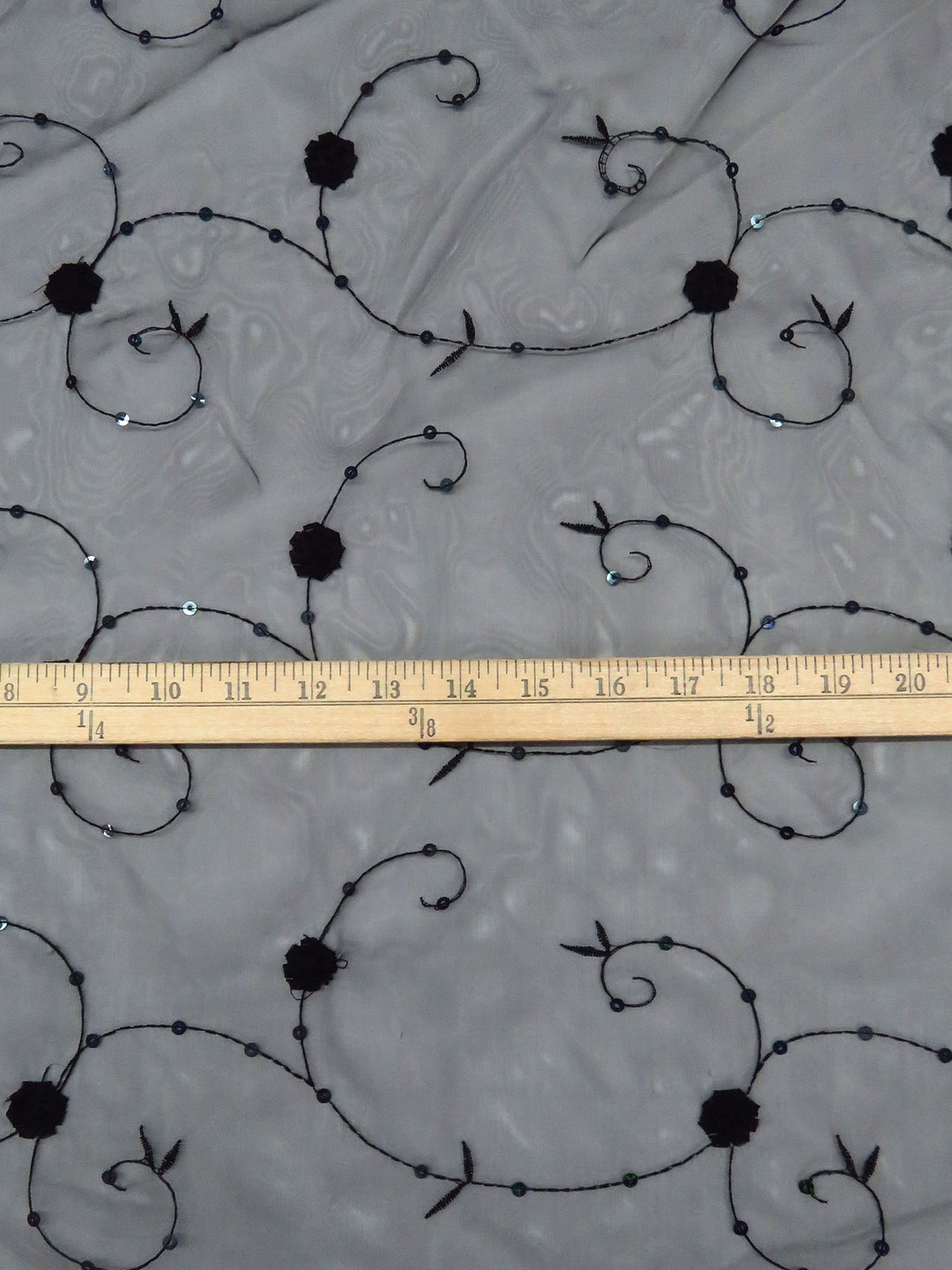 Black 100% Nylon Embroidered Floral Vines With Sequins On Organza 57W