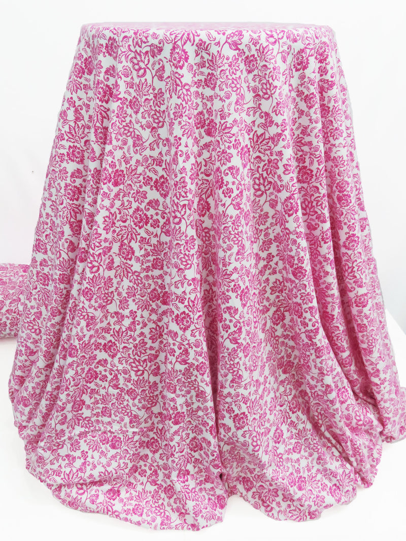 Fruit Punch Pink/White 100% Cotton Ornate Floral Print Jersey Knit 64W