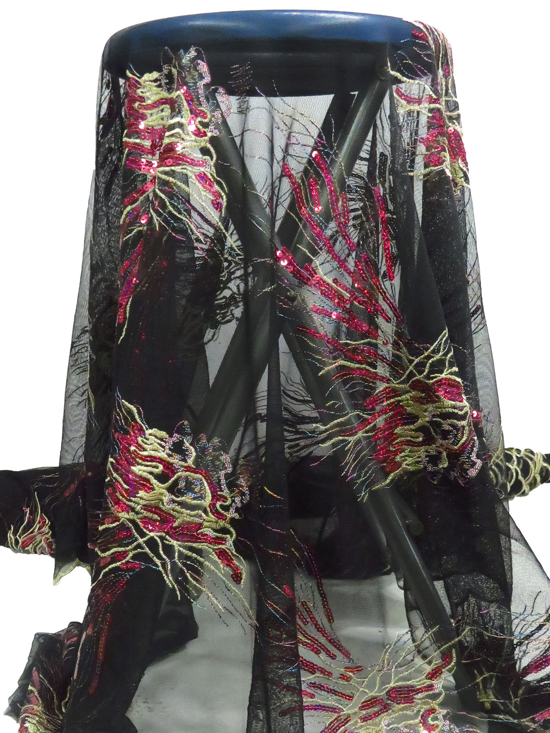 Black/Gold/French Wine/Multi 100% Nylon Scalloped Edge Abstract Embroidered Sequins On Netting 48W