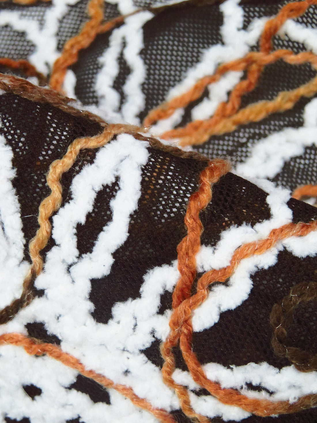 Dark Brown/White/Burnt Orange/Multi Nylon/Polyester Abstract Floral Yarn Embroidered On Netting 52W