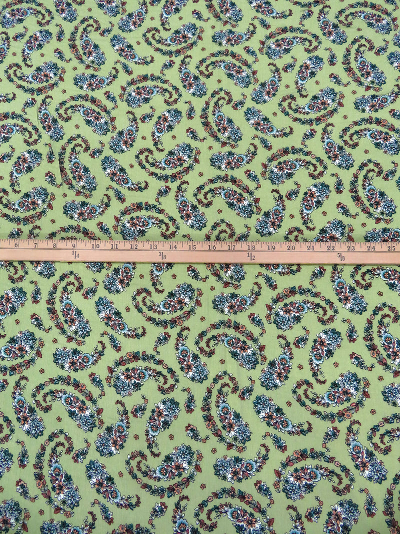 Olivine/Teal Green/Sappenwood/Multi 100% Rayon Paisley Shape Floral Print Crinkle Challis 52W