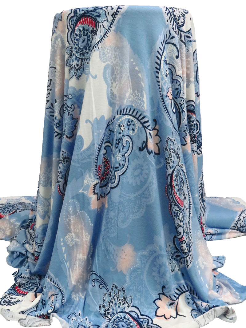 Moonstone Blue/White/Apricot/Multi Rayon/Lycra Large Paisley Print Jersey Knit 66W