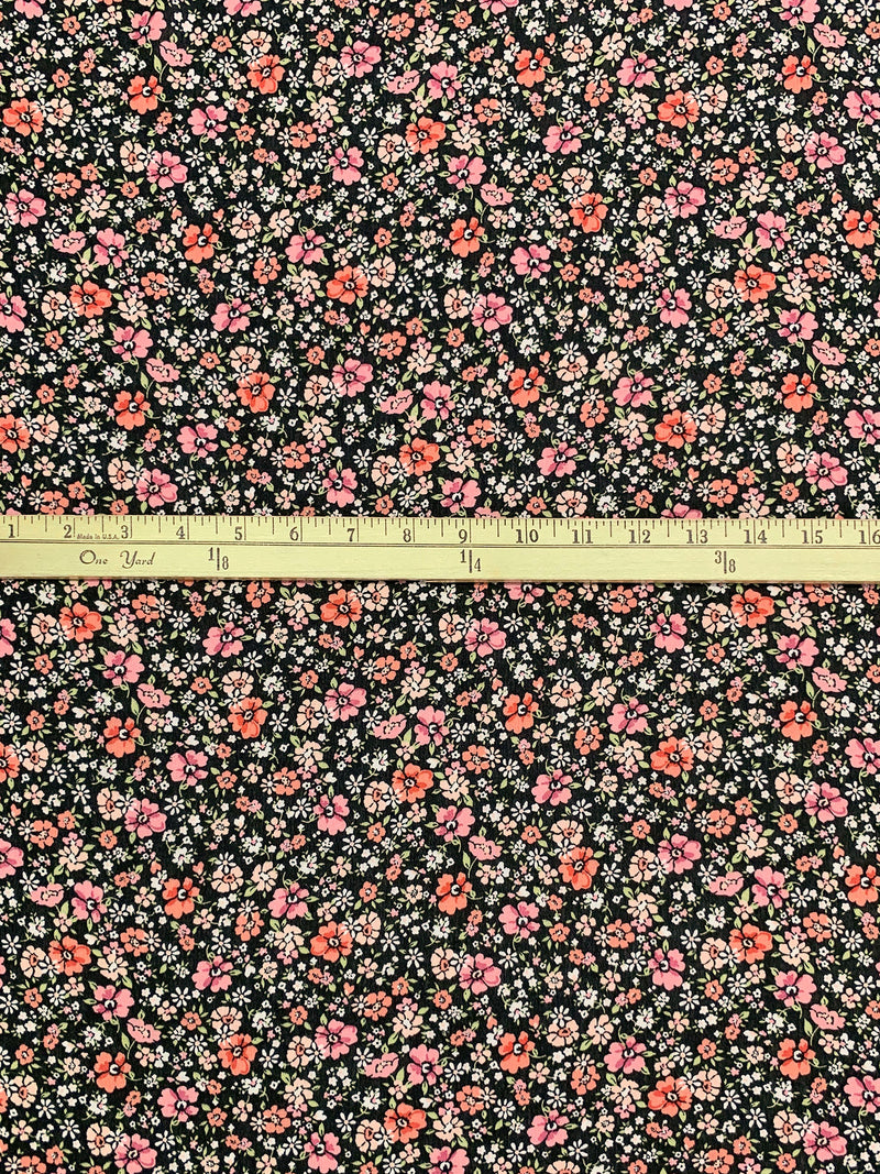 Midnight Espresso/Light Salmon/Melon 100% Rayon Floral Print Crinkle Challis 53W