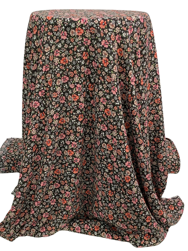 Midnight Espresso/Light Salmon/Melon 100% Rayon Floral Print Crinkle Challis 53W
