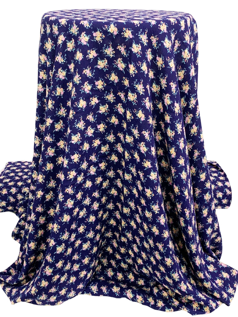 Dark Royal Blue/Pale Goldenrod/Multi 100% Rayon Floral Print Crinkle Challis 56W