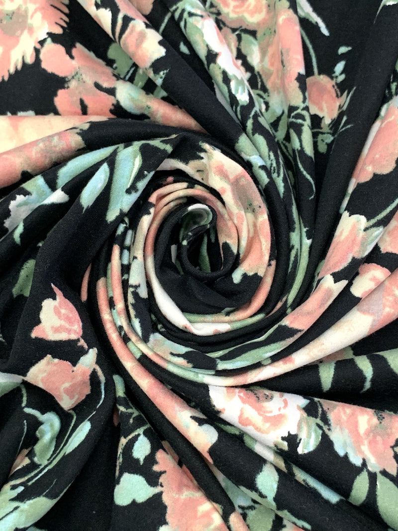 Melon/Black/Powder Blue/Multi Polyester/Lycra Floral Print Double Brushed Knit 60W