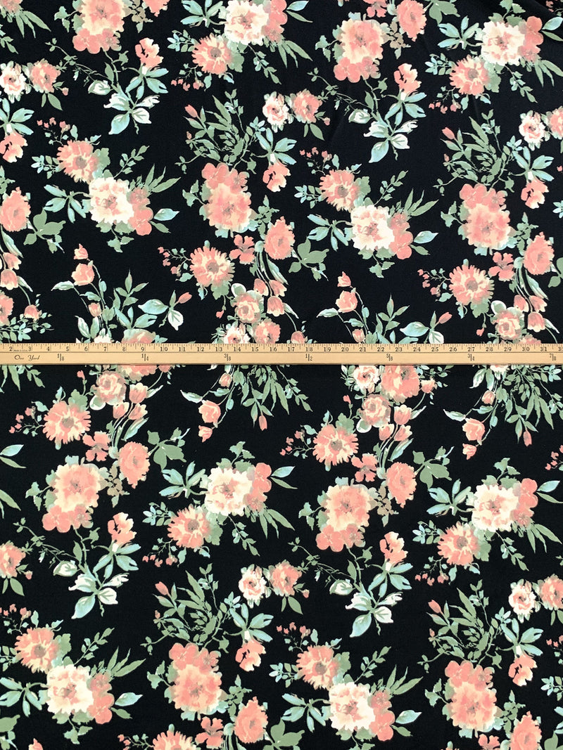 Melon/Black/Powder Blue/Multi Polyester/Lycra Floral Print Double Brushed Knit 60W