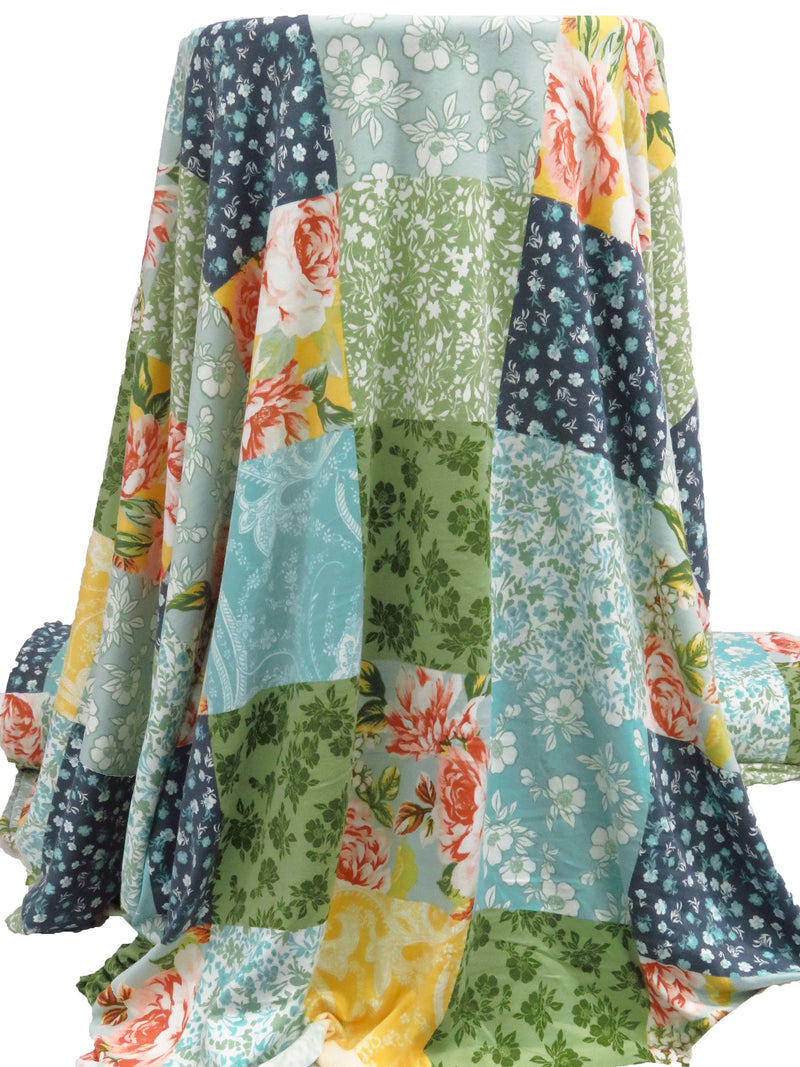 Moss/Sea Serpent/White/Multi Polyester/Lycra Various Floral Patchwork Print Double Brushed Knit 60W