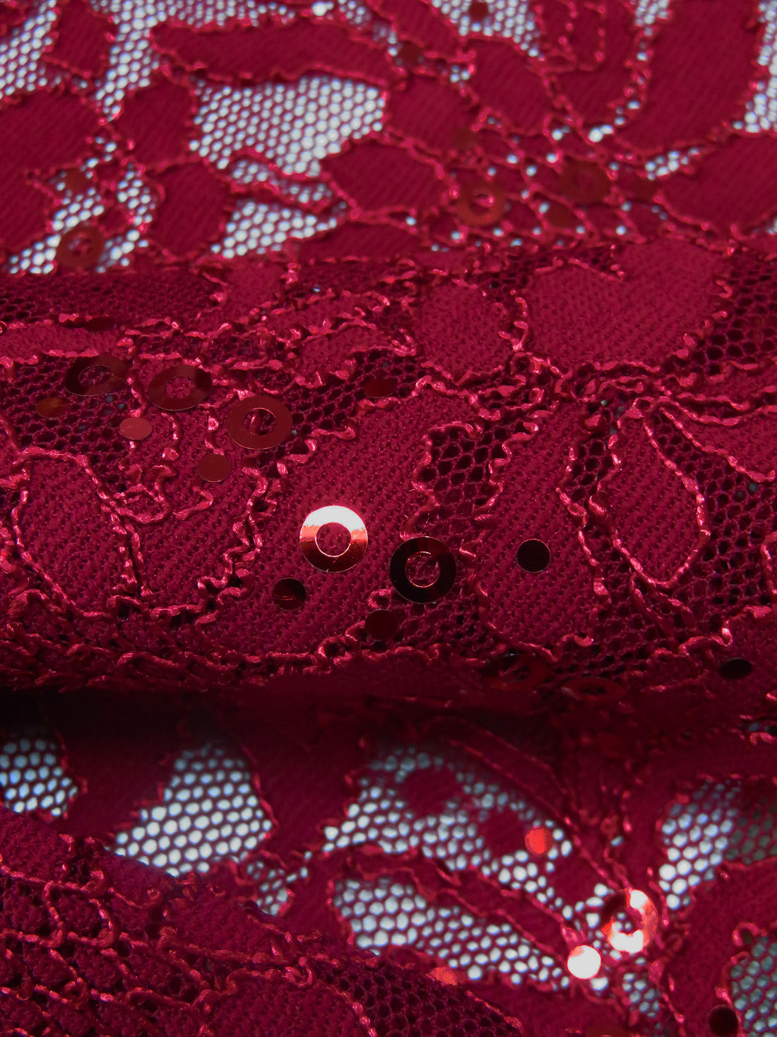 Wine Red 100% Polyester Double Scalloped Border Floral Weave With Sequins Lace 50W