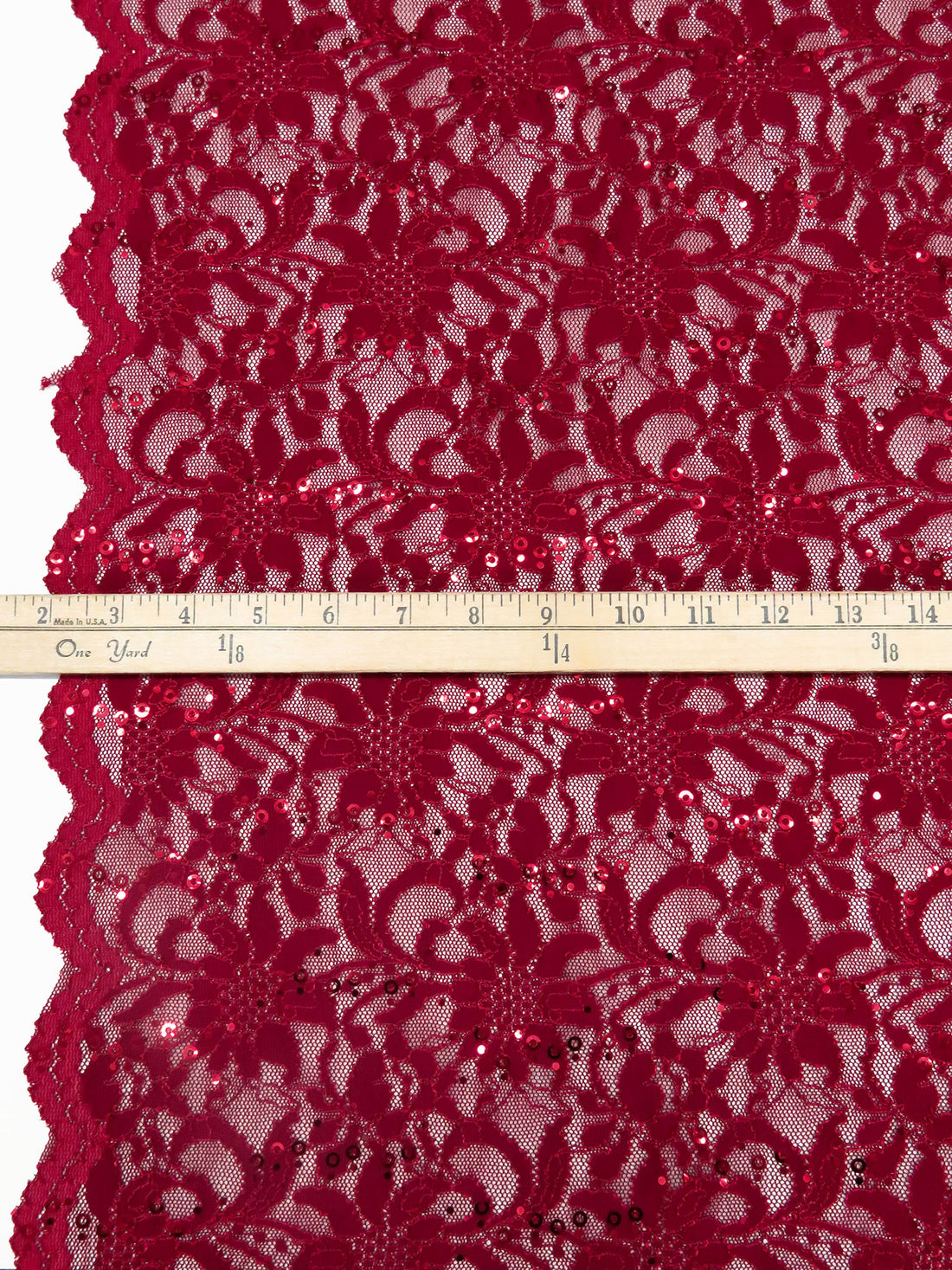 Wine Red 100% Polyester Double Scalloped Border Floral Weave With Sequins Lace 50W