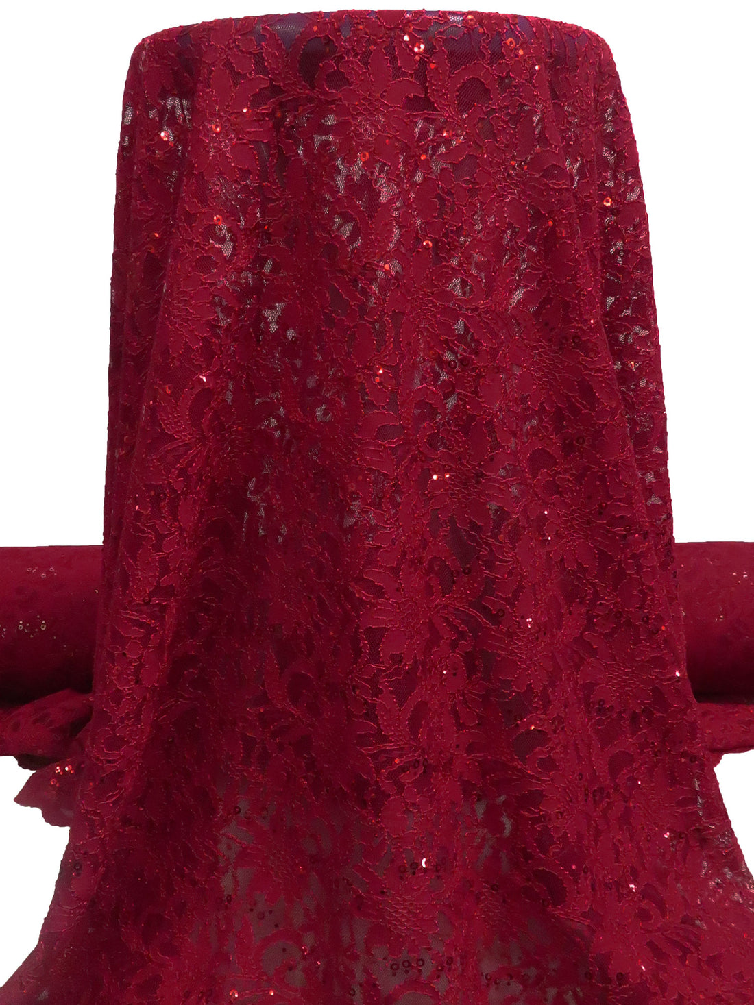 Wine Red 100% Polyester Double Scalloped Border Floral Weave With Sequins Lace 50W