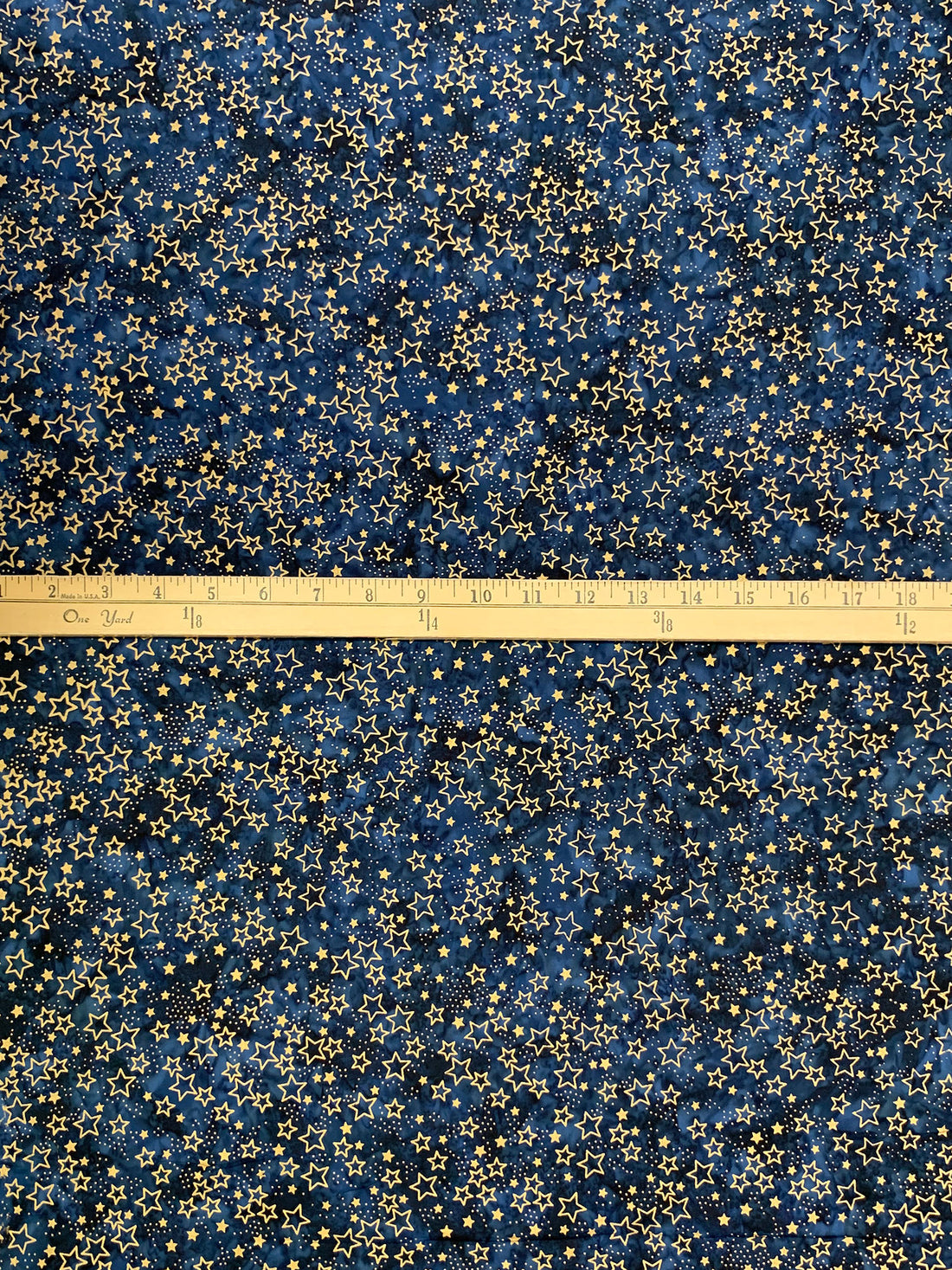 Independence Blue/Gold/Dark Elderberry 100% Cotton Stars Shimmer Foil Print Over Tie-Dye Batik Quilt Weight Woven - Robert Kaufman - 44W