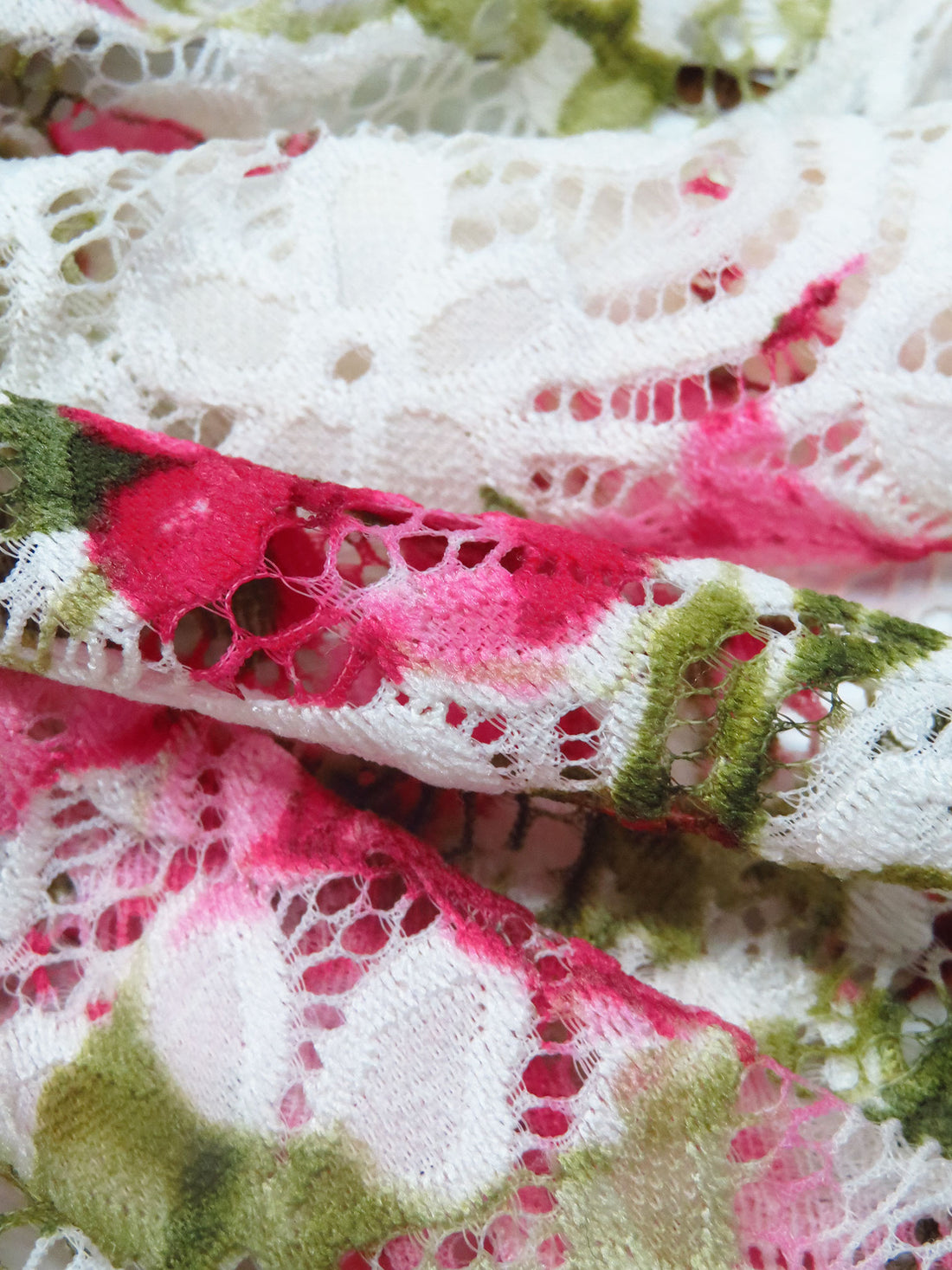Off-White/Olive/Flamingo Pink/Multi Polyester/Lycra Double Scalloped Border Floral Print On Floral Weave Stretch Lace 54W