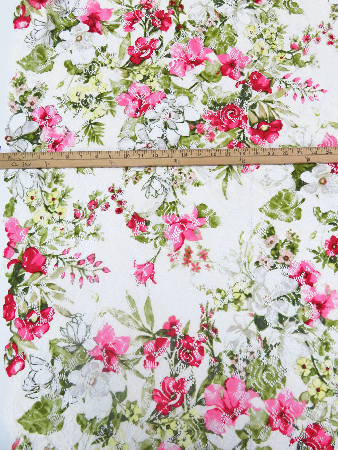 Off-White/Olive/Flamingo Pink/Multi Polyester/Lycra Double Scalloped Border Floral Print On Floral Weave Stretch Lace 54W