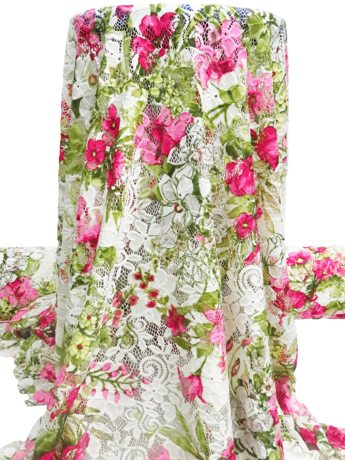 Off-White/Olive/Flamingo Pink/Multi Polyester/Lycra Double Scalloped Border Floral Print On Floral Weave Stretch Lace 54W