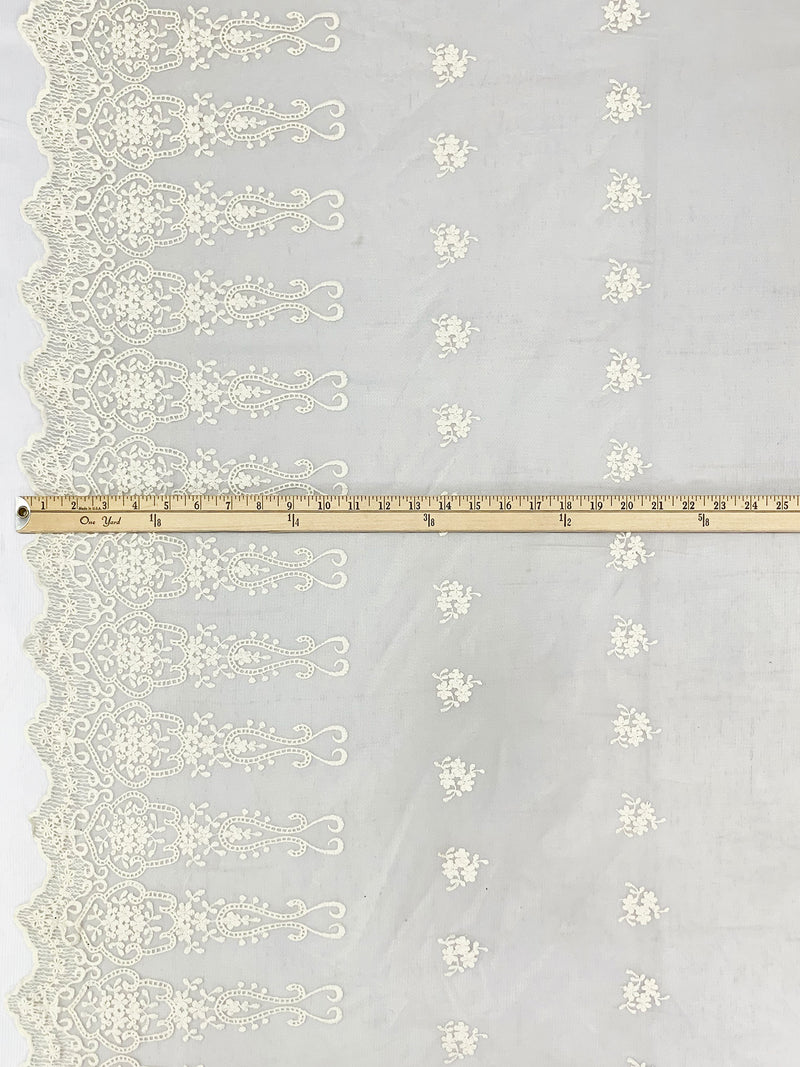 Ivory 100% Nylon Embroidered Double Scalloped Ornate Floral Design Lace On Netting 51W