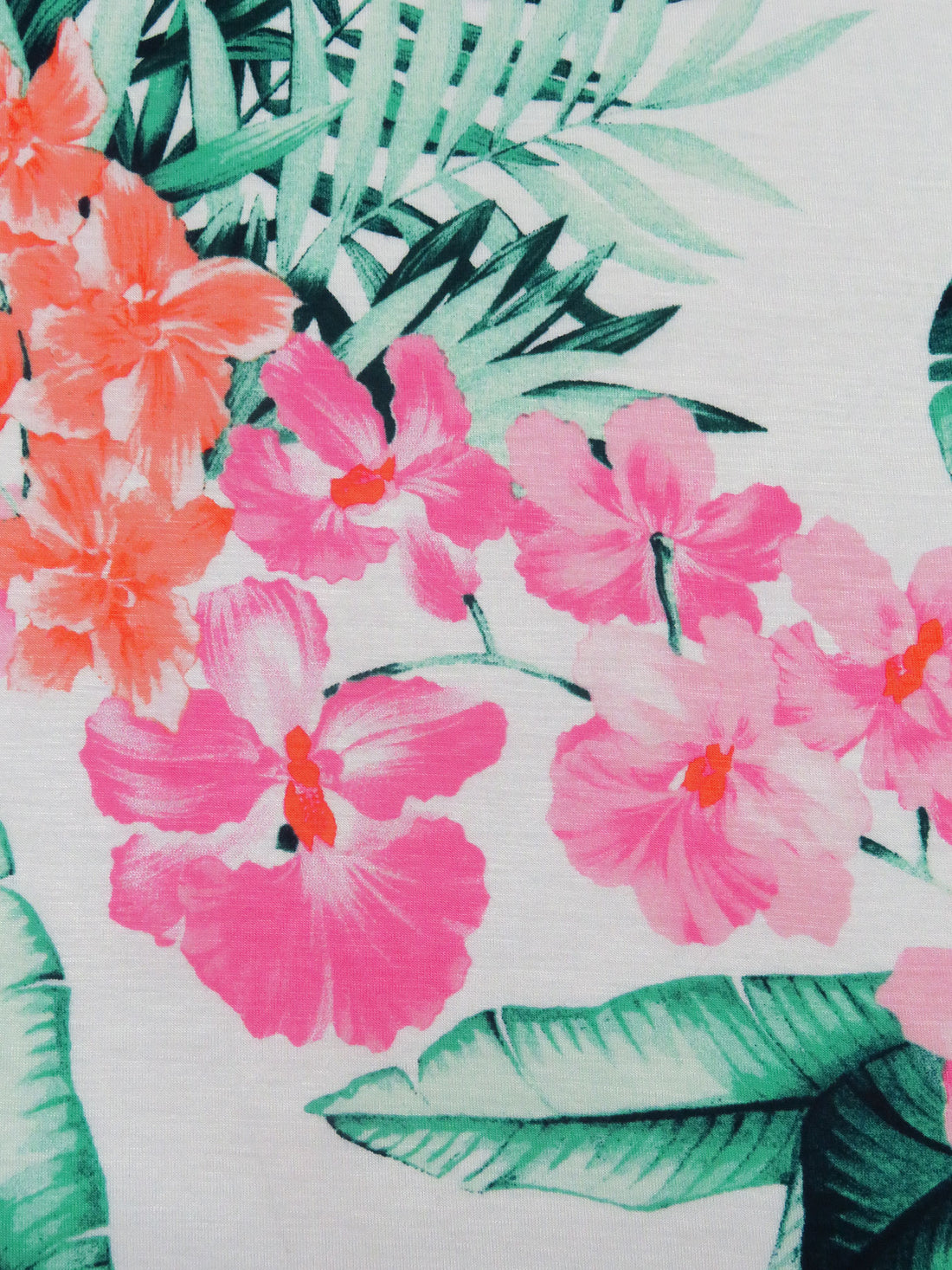 French Pink/Sunset Orange/White/Multi Rayon/Lycra Large Tropical Plants Print Jersey Knit 66W