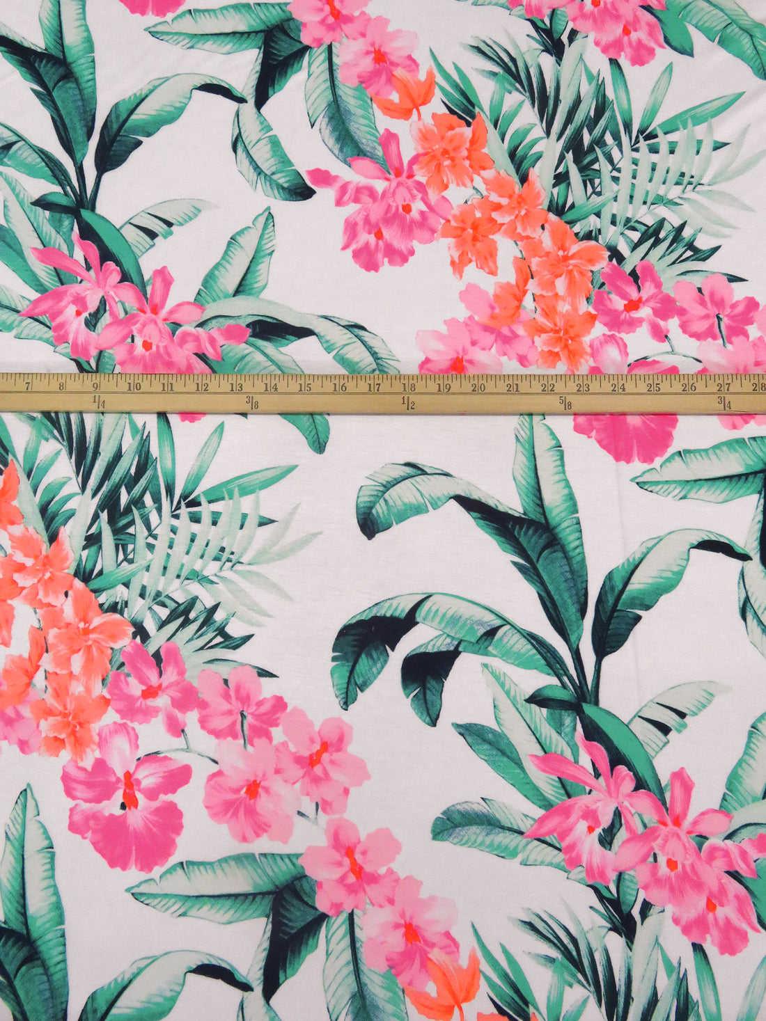 French Pink/Sunset Orange/White/Multi Rayon/Lycra Large Tropical Plants Print Jersey Knit 66W