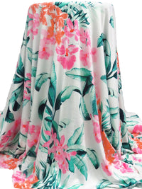 French Pink/Sunset Orange/White/Multi Rayon/Lycra Large Tropical Plants Print Jersey Knit 66W
