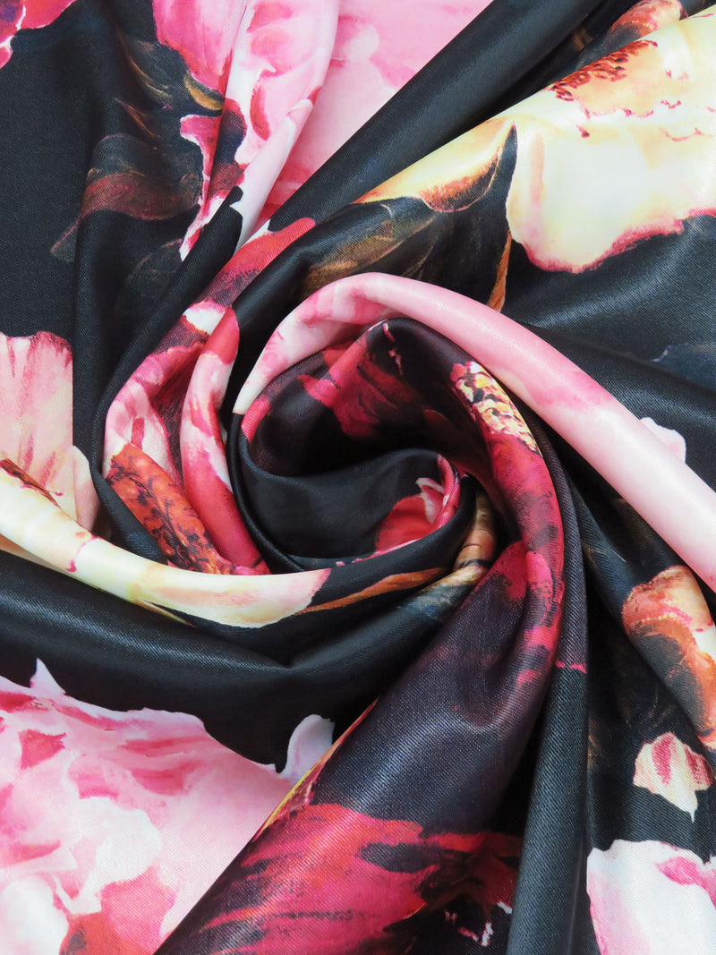 Black/Rose Red/Pale Butter Yellow/Multi Polyester/Lycra Large Floral Print Stretch Satin 58W