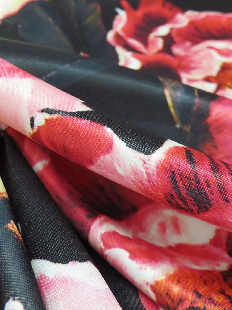 Black/Rose Red/Pale Butter Yellow/Multi Polyester/Lycra Large Floral Print Stretch Satin 58W