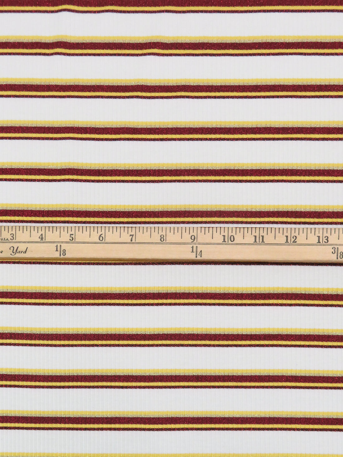 White/Barn Red/Lemon/Gold Rayon/Polyester/Metallic/Lycra Horizontal Stripe Weave Rib Knit 54W