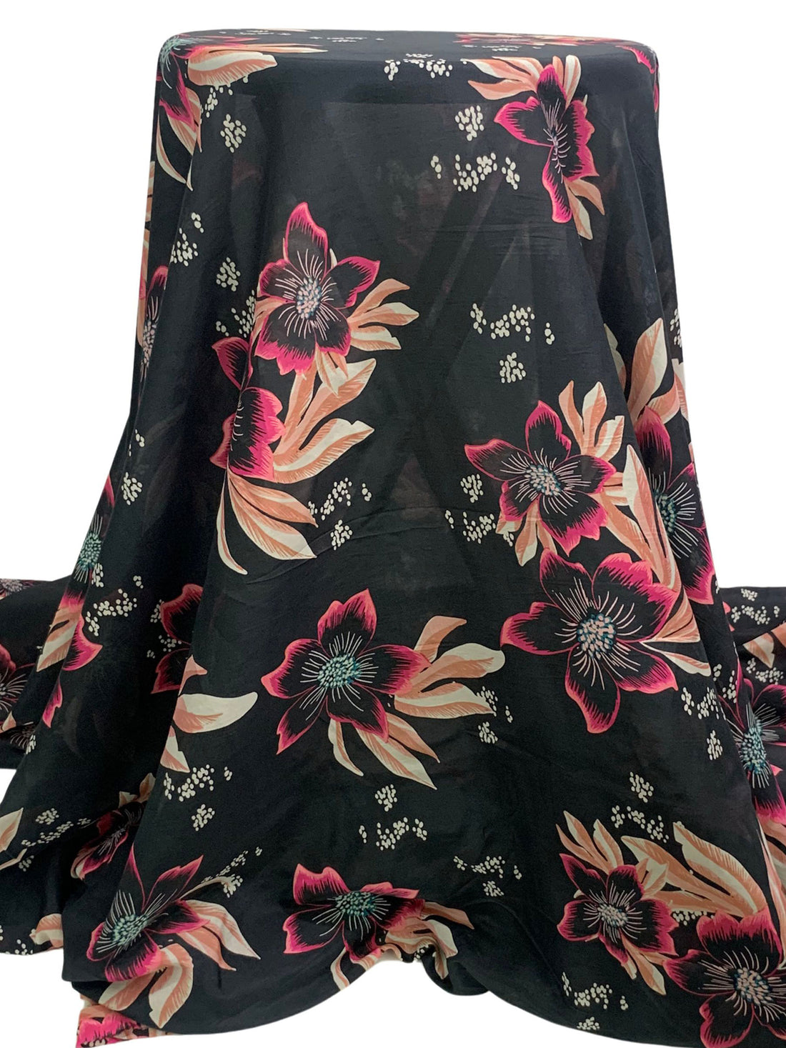 Black/French Rose/Salmon Cotton/Silk Floral Print Voile 55W