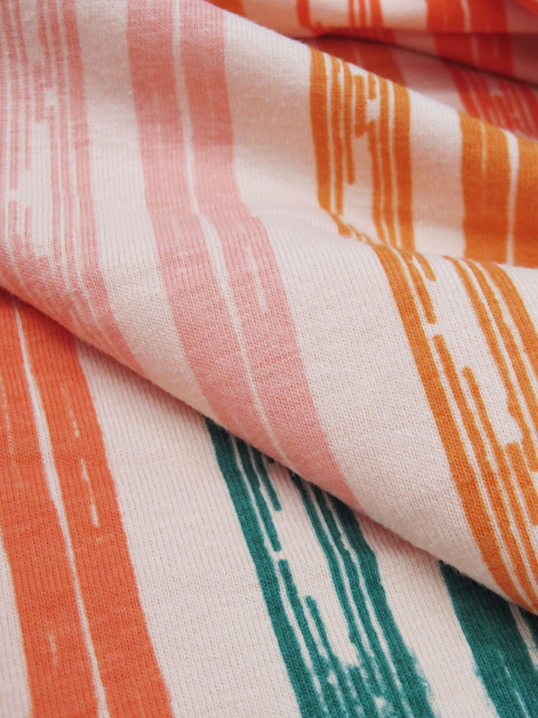 Peach/Apricot/Jungle Green/Multi Cotton/Lycra Sketchy Vertical Stripe Print Jersey Knit 60W