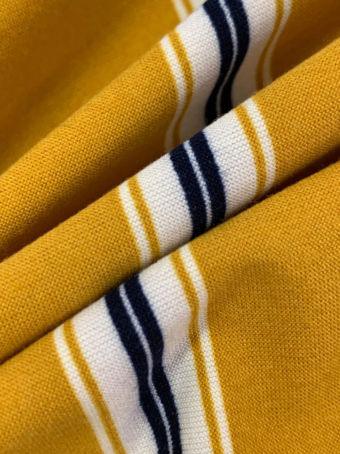 SOLD AS IS ONLY - Goldenrod/Midnight Navy/White Polyester/Lycra Vertical Stripe Print Double Brushed Knit 60W