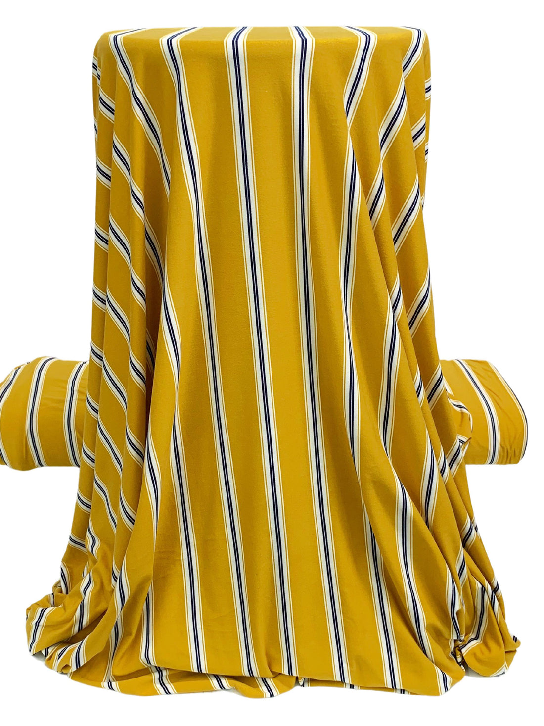 SOLD AS IS ONLY - Goldenrod/Midnight Navy/White Polyester/Lycra Vertical Stripe Print Double Brushed Knit 60W