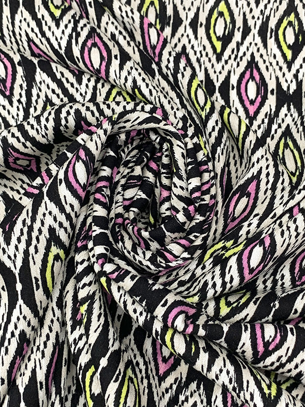 Black/Royal Fuchsia/Yellow 100% Rayon Abstract Ogee Print Crinkle Challis 52W