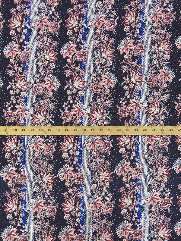 Navy/Mauve Pink/White/Multi 100% Rayon Vertical Floral Stripe Print Crinkle Challis 50W