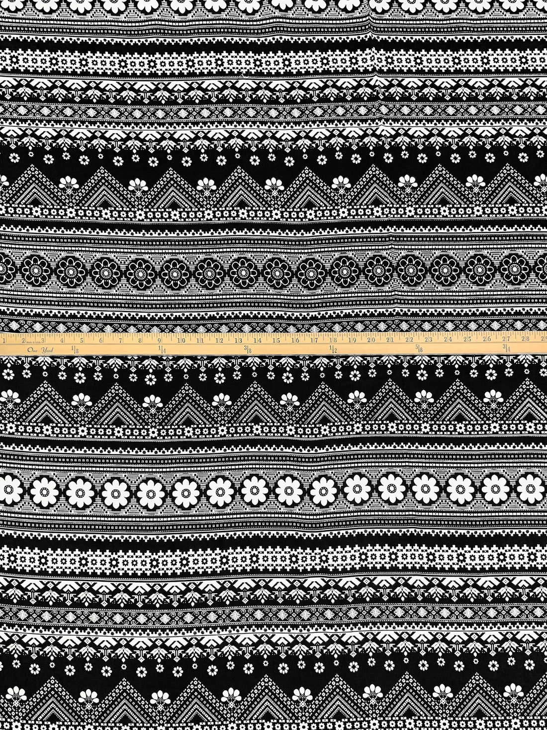 Black/White 100% Rayon Horizontal Stylized Floral Print Challis 55W