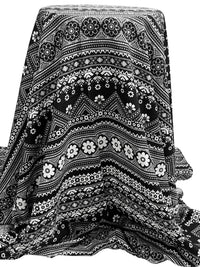 Black/White 100% Rayon Horizontal Stylized Floral Print Challis 55W